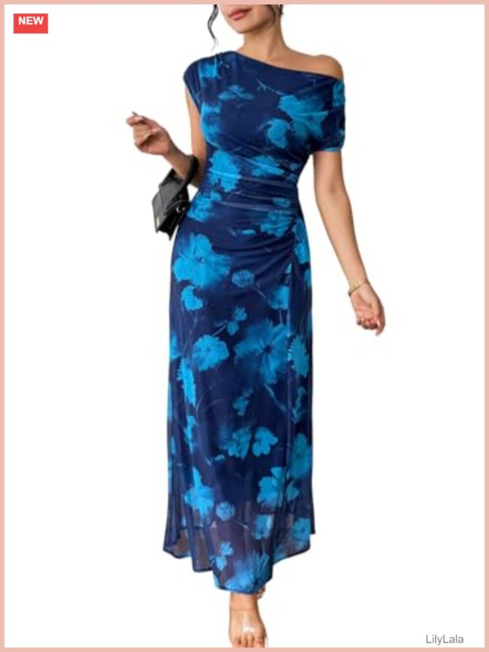 Off Shoulder Floral Maxi Dress Ruched Waist Wedding Guest Party Gown